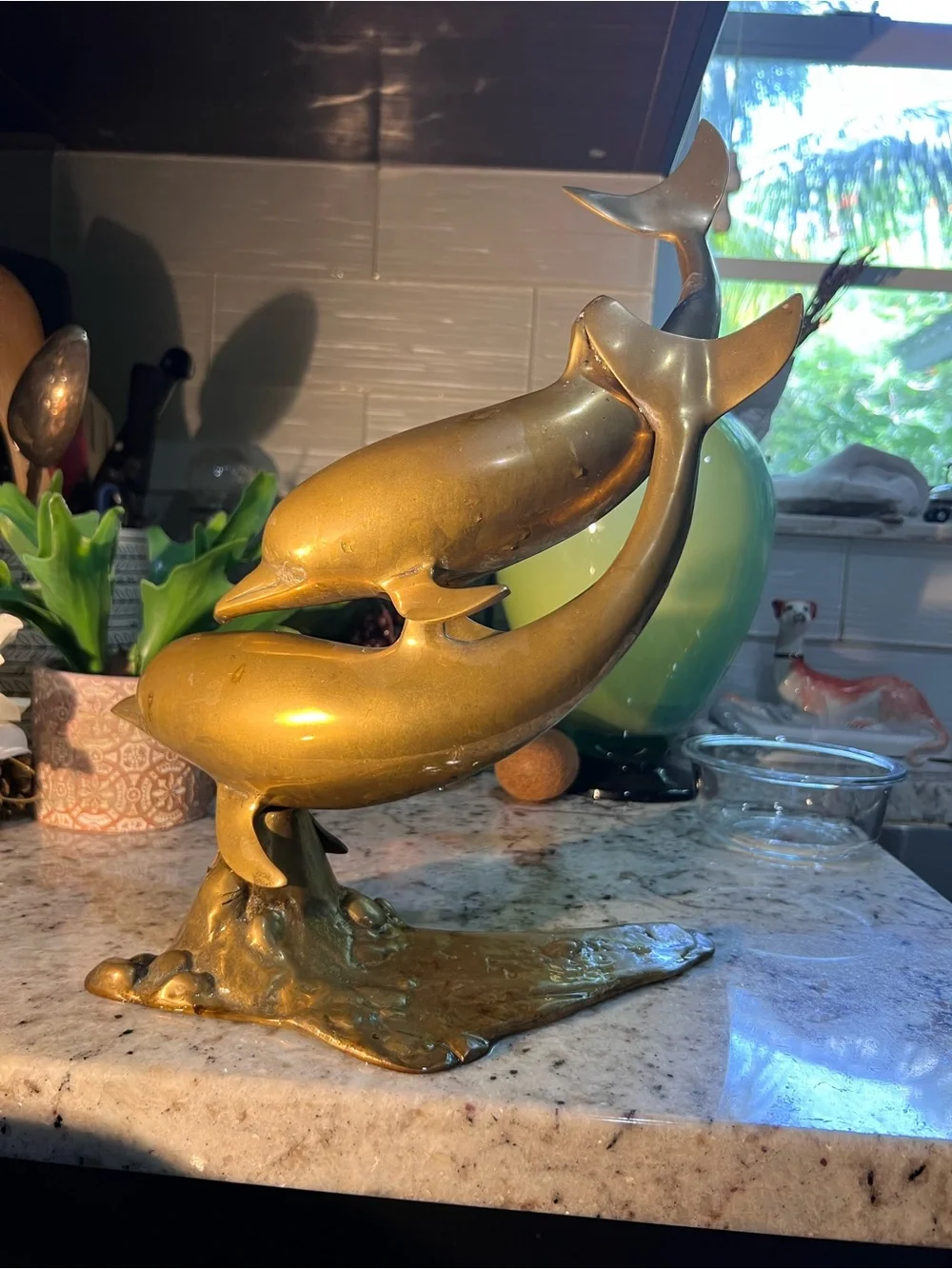 Mid Century Golden Brass Dolphin Duo Sculpture Tall!
